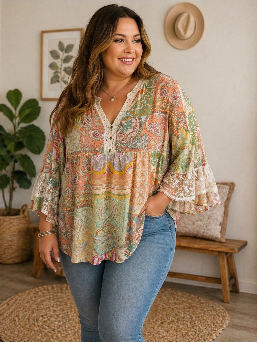 Gigio Plus 1XL Boho Paisley Lace Trim Blouse | Flowy Peasant Top NWT